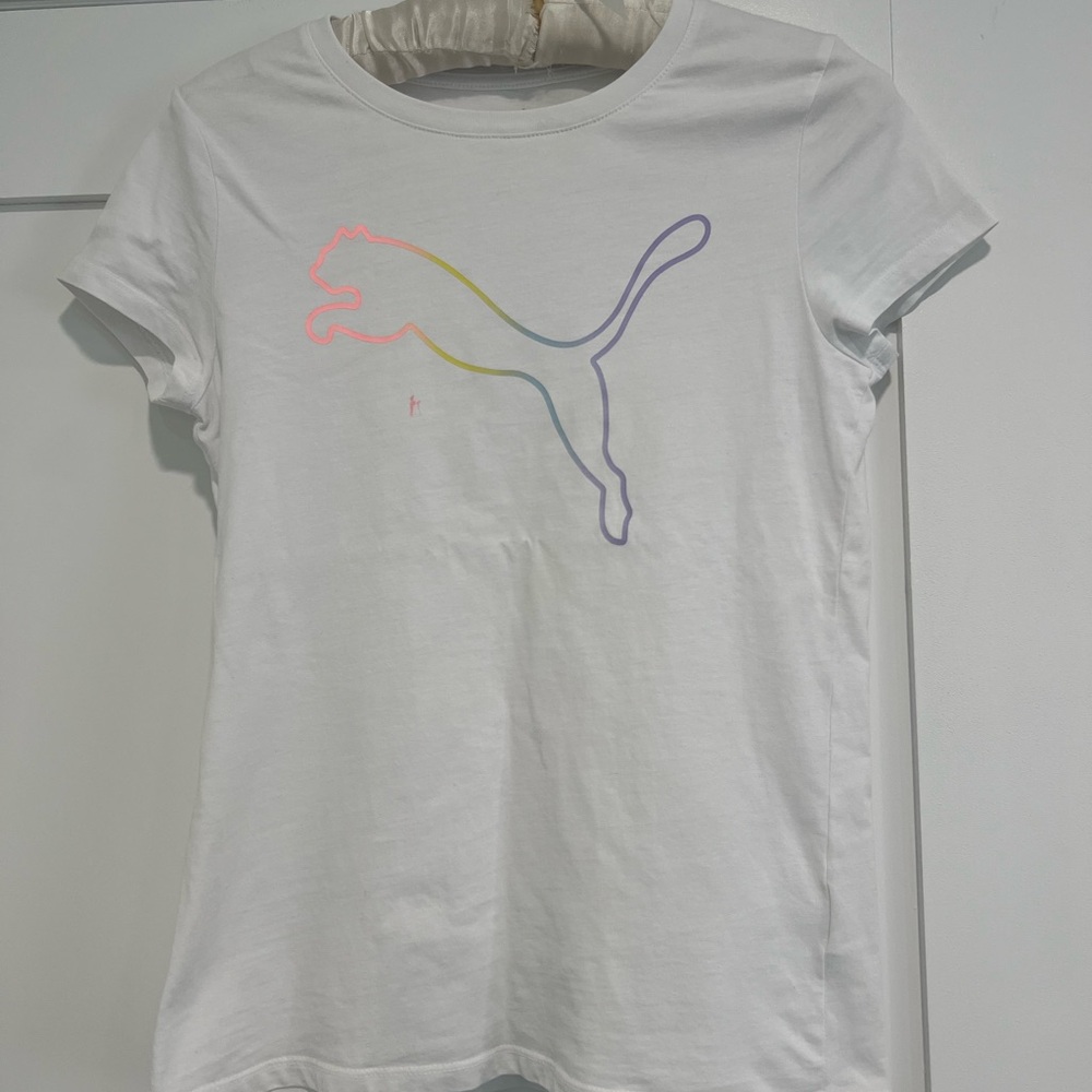 Puma White Tee with Pastel Rainbow Outline Logo